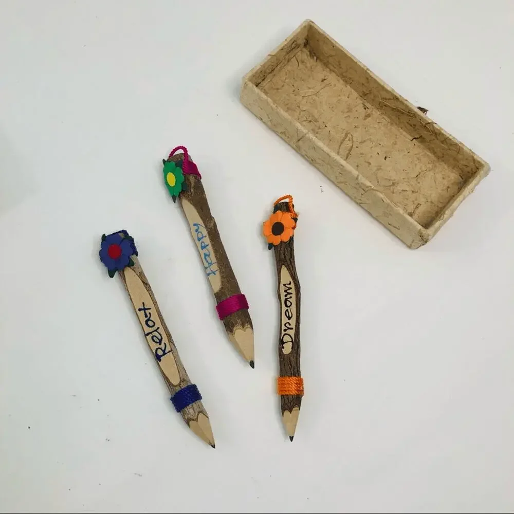 Handmade Natural Twig Pencil Set 3pc Relax Happy Dream Wood Branch Pencils Boxed